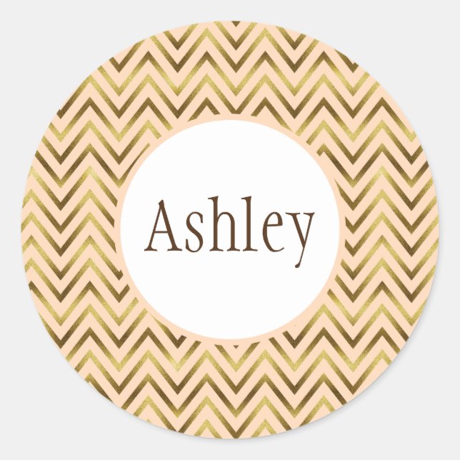 Personalized Peach and Gold Chevron Stripe Classic Round Sticker (Front)