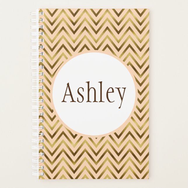 Personalized Peach and Gold Chevron Stripe Planner (Front)