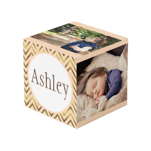 Personalized Peach and Gold Chevron Stripes Photo Cube