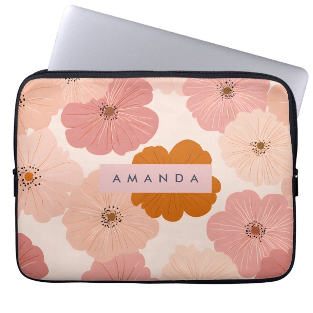 Personalized Peach and Pink Flower Print Laptop Sleeve (Front)
