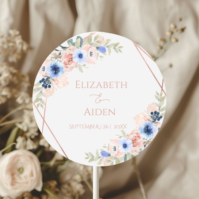 Personalized Peach Blue Light-Gray Classic Round Sticker (Personalized Peach Blue Wedding Classic Round Sticker with your name and date)