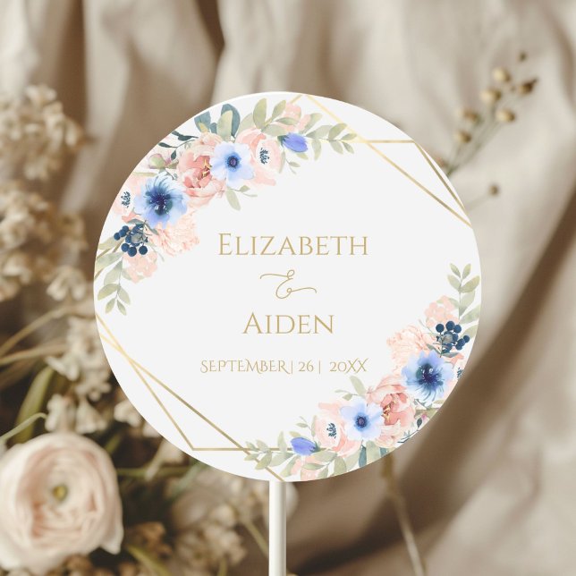 Personalized Peach Blue Wedding Classic Round Sticker (Personalized Peach Blue Wedding Classic Round Sticker with your name and date)