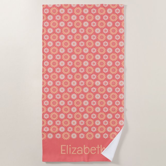 Personalized Peach, Cream, & Coral Floral Pattern Beach Towel (Front)