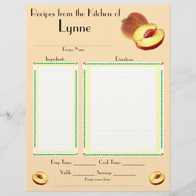 Personalized Peach design recipe page (Front)