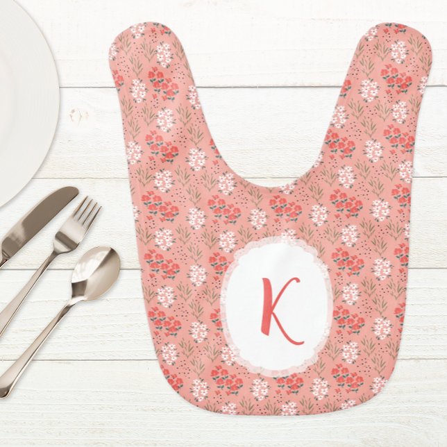 Personalized Peach Floral Monogram Baby Bib (Monogrammed peach floral baby bib for the new baby girl!)