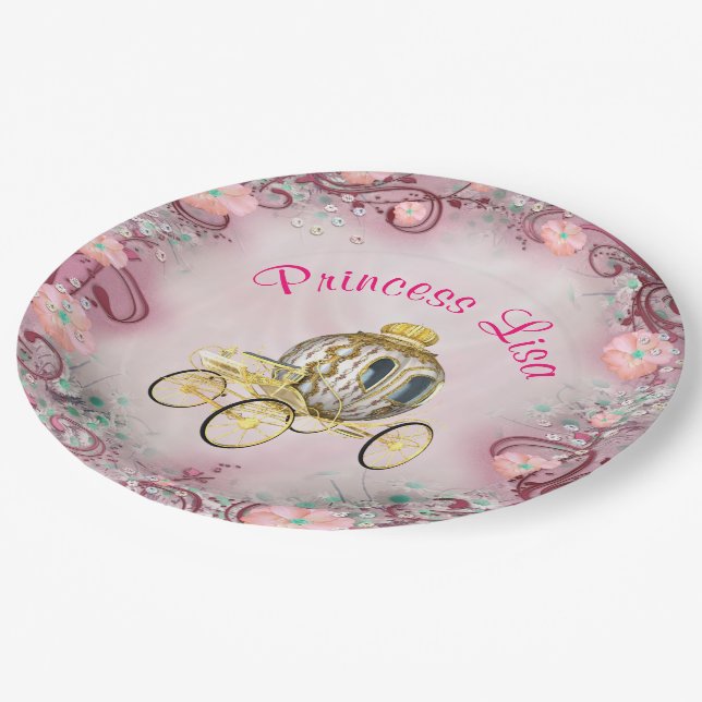 Personalized Peach Floral Princess Enchanted Paper Plates (Angled)