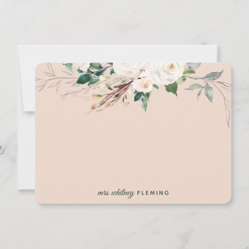 Personalized Peach Floral Watercolor Greenery Mrs Note Card