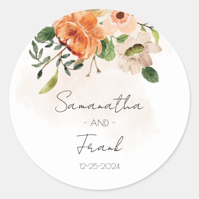 Personalized Peach Floral Wedding Classic Round Sticker (Front)