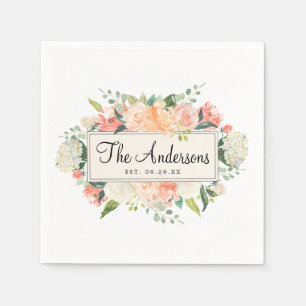 Personalized Peach Floral Wedding Cocktail Napkin