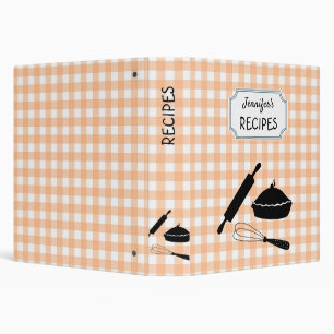 Personalized Peach Gingham Plaid Pattern Recipe  3 Ring Binder