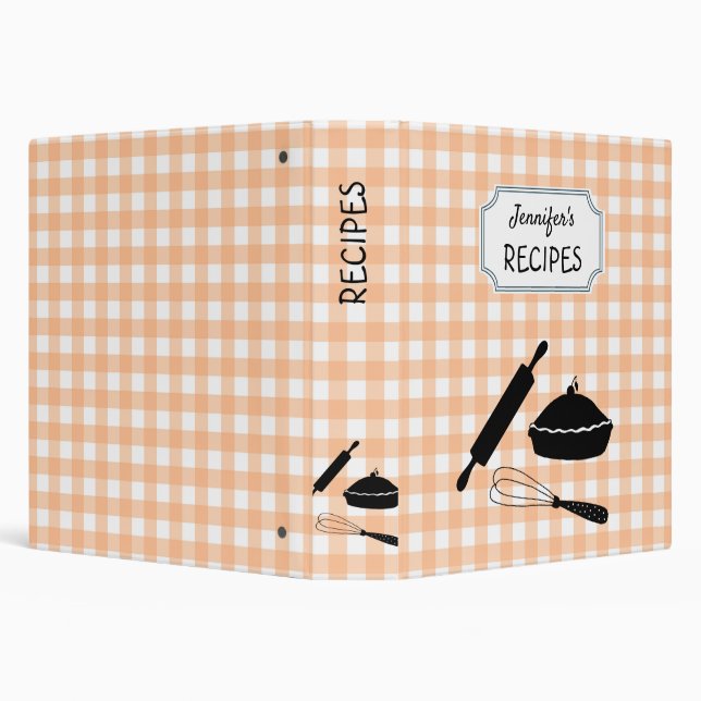 Personalized Peach Gingham Plaid Pattern Recipe  3 Ring Binder (Background)