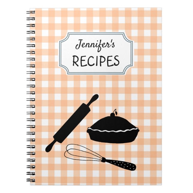 Personalized Peach Gingham Plaid Pattern Recipe  Notebook (Front)