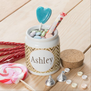 Personalized Peach & Gold Chevron Stripe Candy Jar