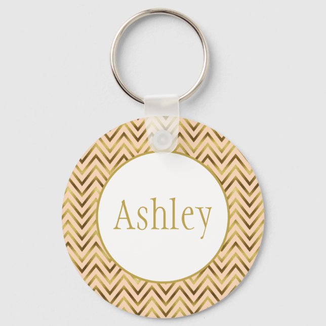 Personalized Peach & Gold Chevron Stripe  Keychain (Front)