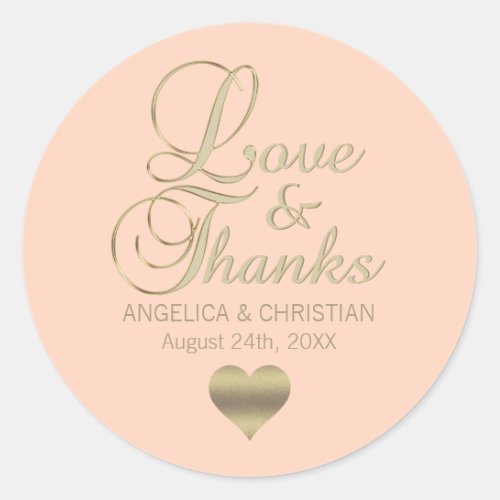 Personalized PEACH Gold LOVE  THANKS Wedding Classic Round Sticker