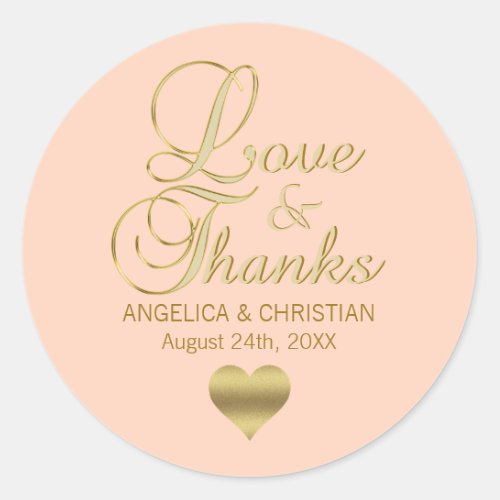 Personalized PEACH Gold LOVE  THANKS Wedding Classic Round Sticker