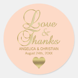 Personalized PEACH Gold LOVE & THANKS Wedding Classic Round Sticker