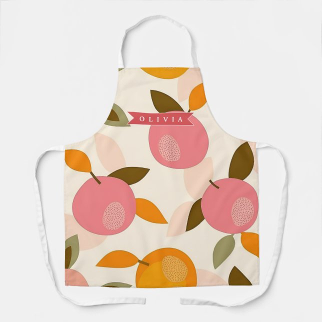 Personalized Peach Pattern Cute Retro Summer Apron (Front)