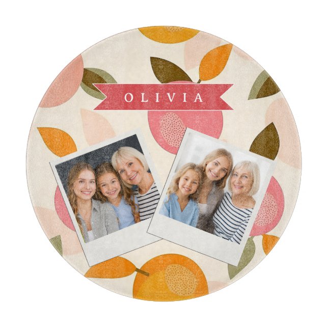 Personalized Peach Pattern Cute Retro Summer Cutting Board (Front)