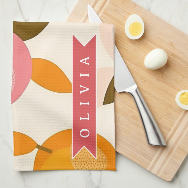 Personalized Peach Pattern Cute Retro Summer Kitchen Towel (Quarter Fold)