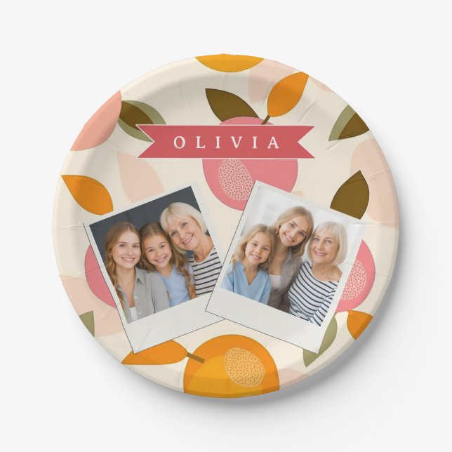 Personalized Peach Pattern Cute Retro Summer Paper Plates (Front)