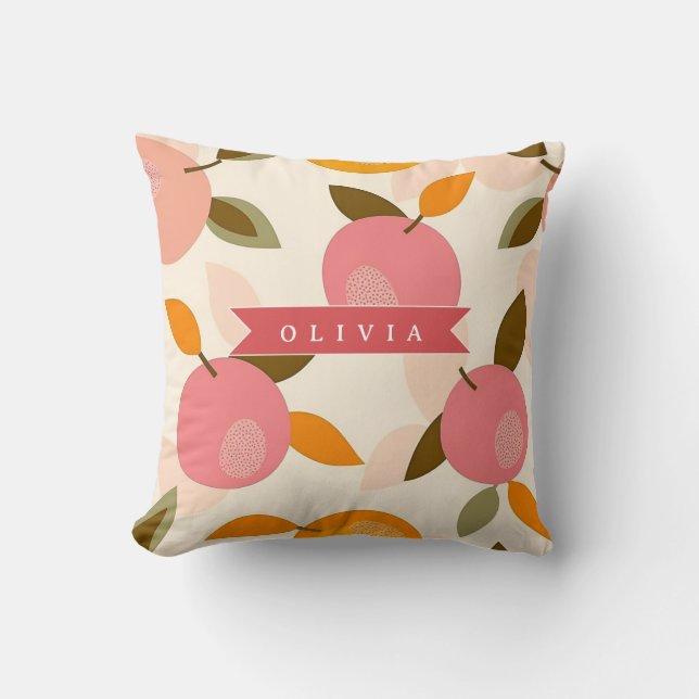 Personalized Peach Pattern Cute Retro Summer Throw Pillow (Front)