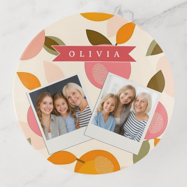 Personalized Peach Pattern Cute Retro Summer Trinket Tray (Front)