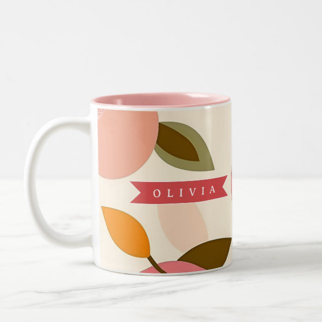 Personalized Peach Pattern Cute Retro Summer Two-Tone Coffee Mug (Left)
