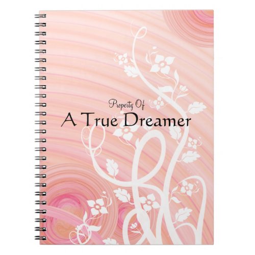 Personalized Peach Spirals White Flourish Flowers Notebook