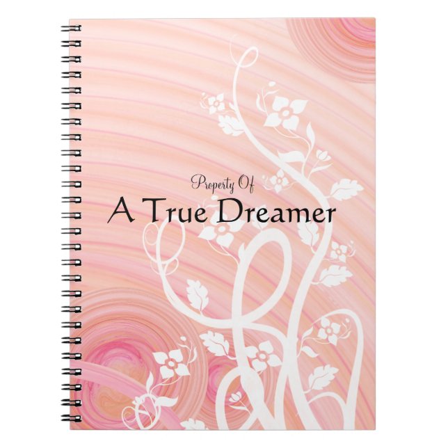 Personalized Peach Spirals White Flourish Flowers Notebook (Front)