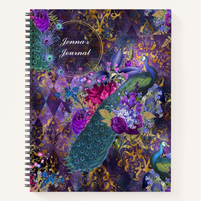 Personalized Peacock and Flowers on Purple Notebook (Front)