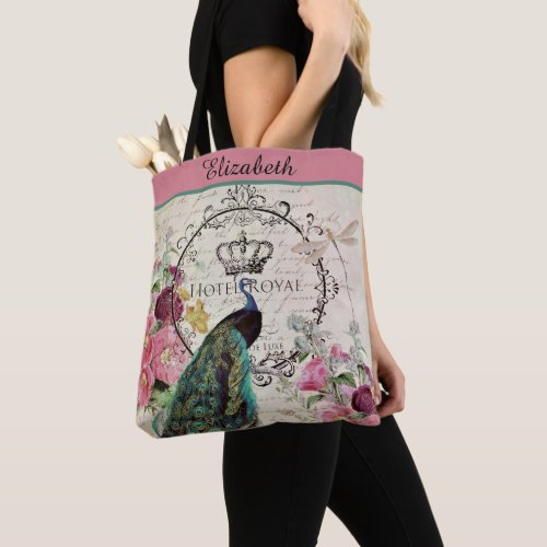Personalized Peacock and spring flowers tote bag