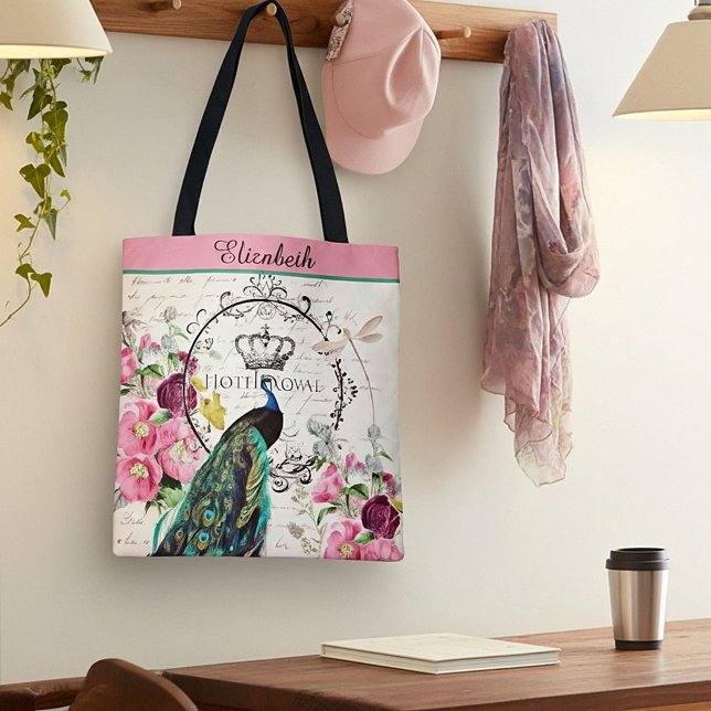 Personalized Peacock and spring flowers tote bag (Creator Uploaded)