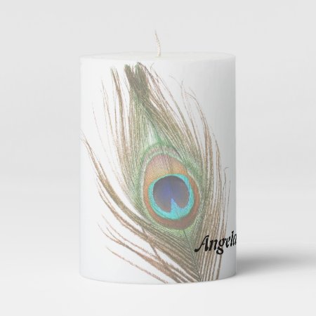 Personalized Peacock Feather Choose Background Pillar Candle