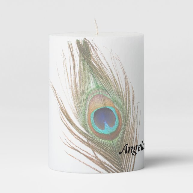 Personalized Peacock Feather Choose Background Pillar Candle (Front)