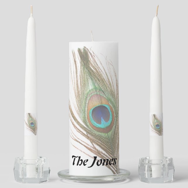 Personalized Peacock Feather Choose Background Unity Candle Set (Front)
