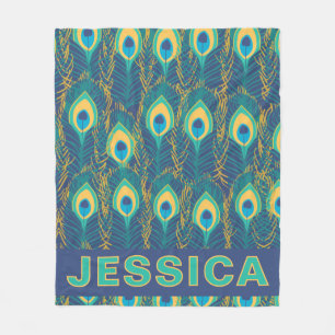Personalized Peacock Feather Jewel Tone Blue Teal Fleece Blanket