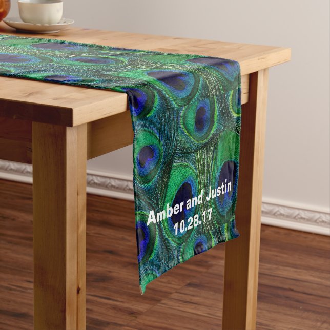 Personalized Peacock Feather Print Table Runner (In Situ)