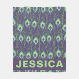 Personalized Peacock Feather Purple Lime Green Fleece Blanket