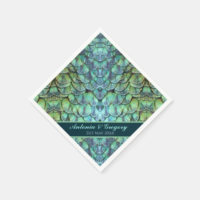 Personalized Peacock Feathers Wedding Paper Napkin (Corner)