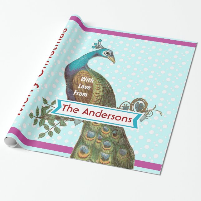 Personalized Peacock Holiday  Wrapping Paper (Unrolled)