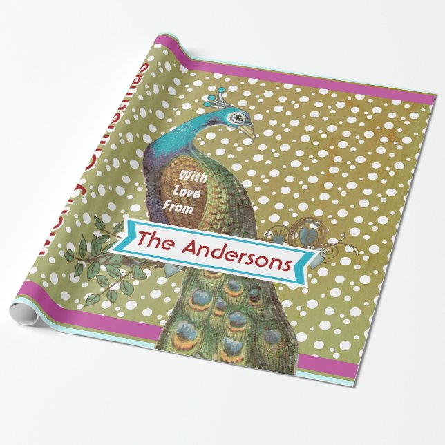 Personalized Peacock Holiday  Wrapping Paper (Unrolled)