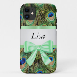 Personalized Peacock Pattern Green Bow iPhone 11 Case