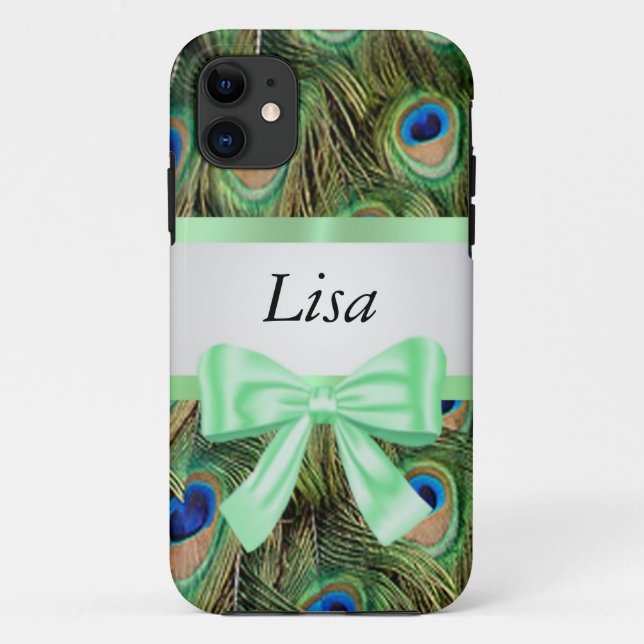 Personalized Peacock Pattern Green Bow Case-Mate iPhone Case (Back)