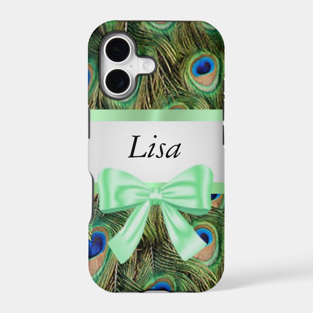 Personalized Peacock Pattern Green Bow Iphone Case (Back)