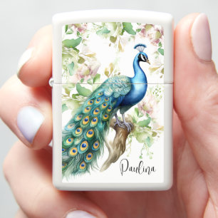 Personalized Peacock with Elegant Floral Artwork Zippo Lighter