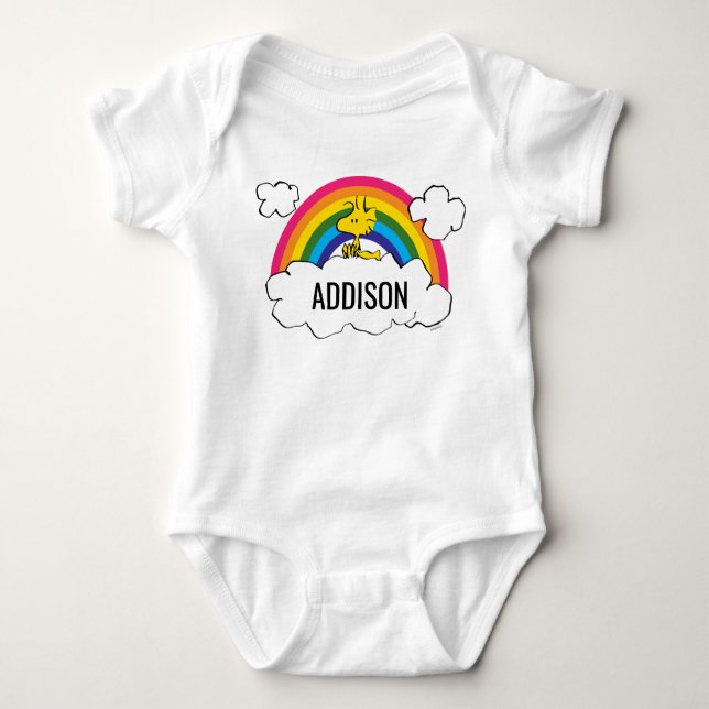 Personalized Peanuts Woodstock Rainbow & Clouds Baby Bodysuit (Front)