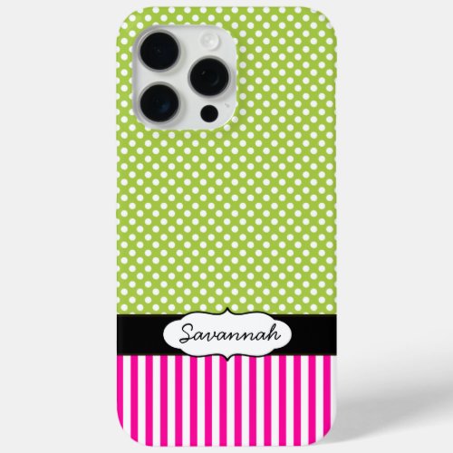 Personalized Peapod Lime Polka Dot Pink Stripe iPhone 15 Pro Max Case
