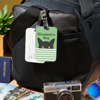 Personalized Peeking Black Cat Green Stripe Luggage Tag