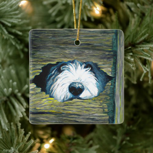 Personalized Peeking Old English Sheepdog Dog Ceramic Ornament